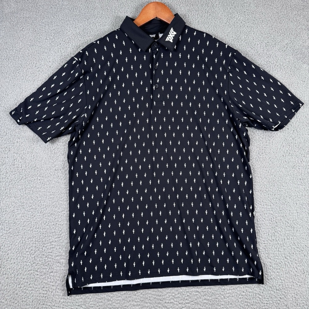PXG Polo Shirt Mens Size Medium Black Cactus Print Golf Performance Stretch AOP